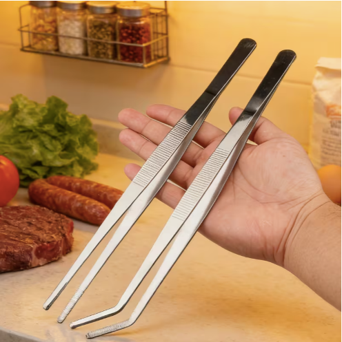 Conjunto de 2 Pinças de Cozinha em Aço Inoxidável: Precisão, Durabilidade e Poupança de Espaço